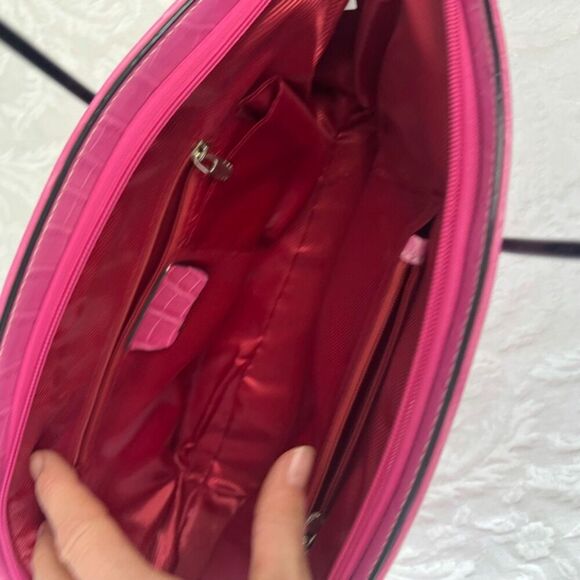 Pink Faux Croc Top Handle Satchel Bag Half Circle Vinyl‎ Approx 16x6 - Picture 7 of 11